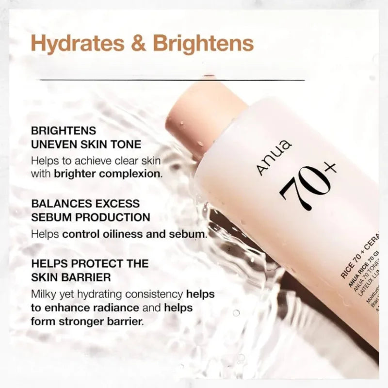 Anua Rice 70 Milky Toner - Illumine le teint, balance la production de sébum, protège la barrière cutanée et apaise même les peaux sensibles