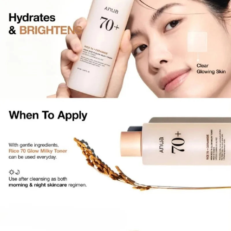 Le Anua Rice 70% Milky Toner s'utilise le matin et le soir après avoir nettoyé la peau, tapoter jusqu'à absorption du produit
