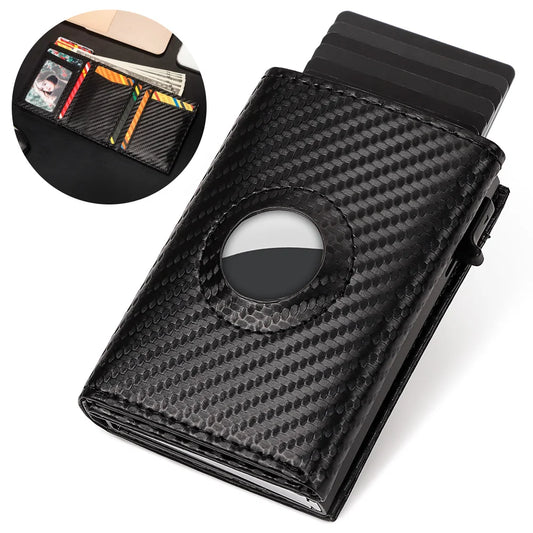 Men Smart Wallet Credit Card Holder for AirTag Carbon Fiber Aluminum Automatic Pop Out Cardholder Case with Money Clip